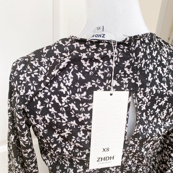 NWT Women's Floral Print Long Sleeve Ruffle Hem High Waist Short Dress - Picture 6 of 7